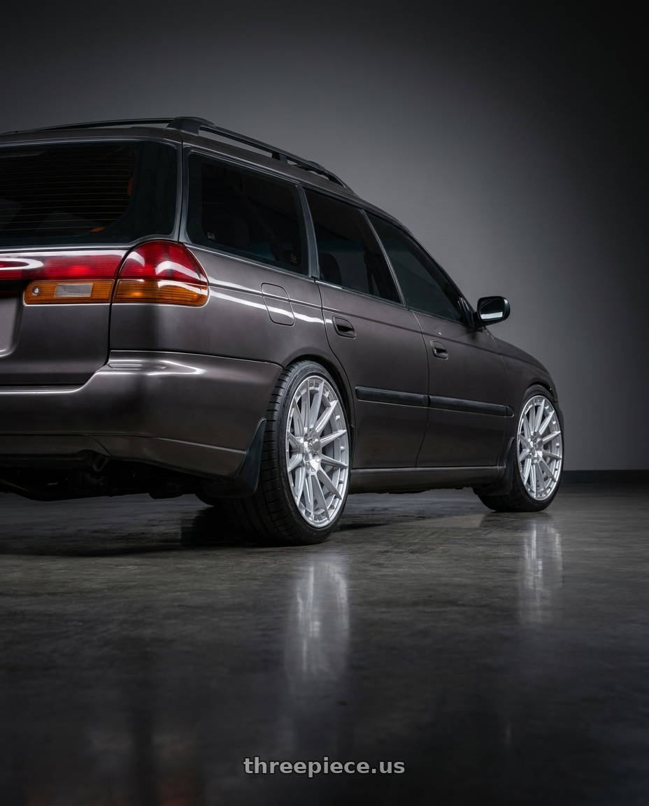 1998 Subaru legacy  with KATANA RACING KR11 5x120 20x8.5 +40 Glossy Silver Machine Face wheels rear three quarter view square tires