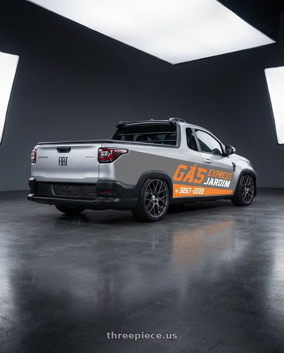 fiat strada endurance 2025 adesivada with TSW NURBURGRING 5X114.3 17X7.5 +45 MATTE GUNMETAL wheels rear three quarter view square tires