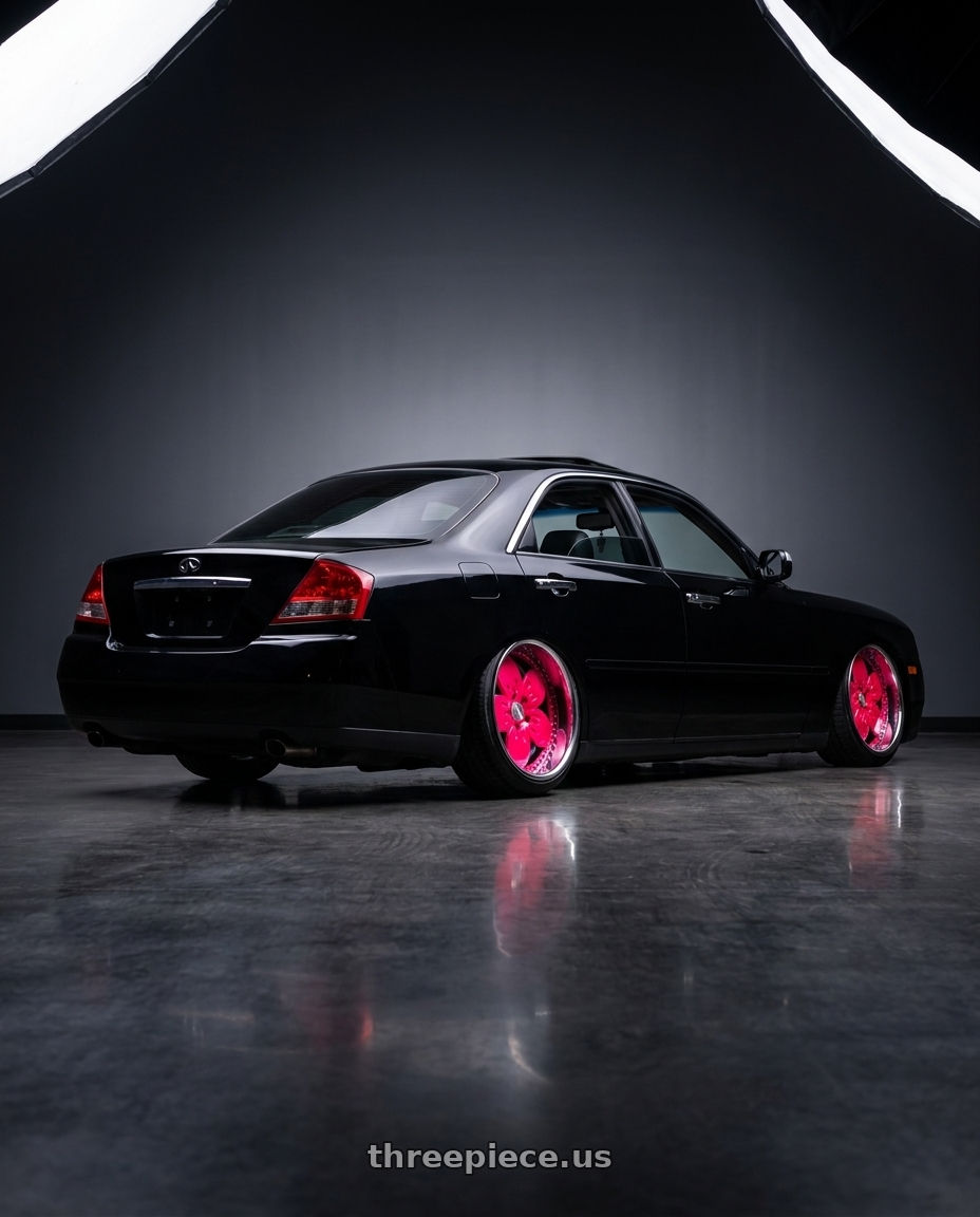 2004 Infiniti M45 with Heritage Wheel SAKURA wheels rear three quarter view extreme stretch tires