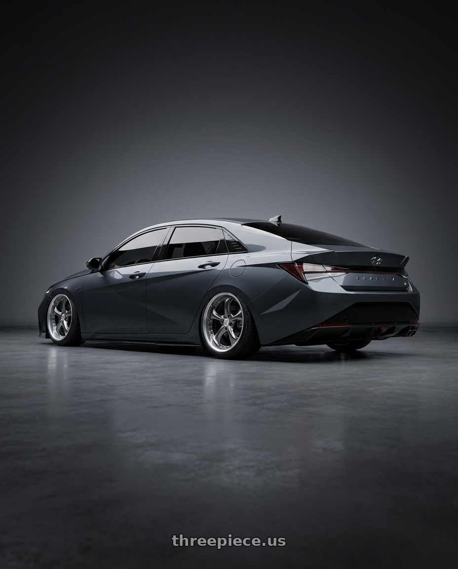 2024 Hyundai Elantra n line  with Work Wheels VS-KF 5x114.3 18x9+28 Brilliant Silver Black A Disk FULL REVERSE wheels rear three quarter view slight stretch tires