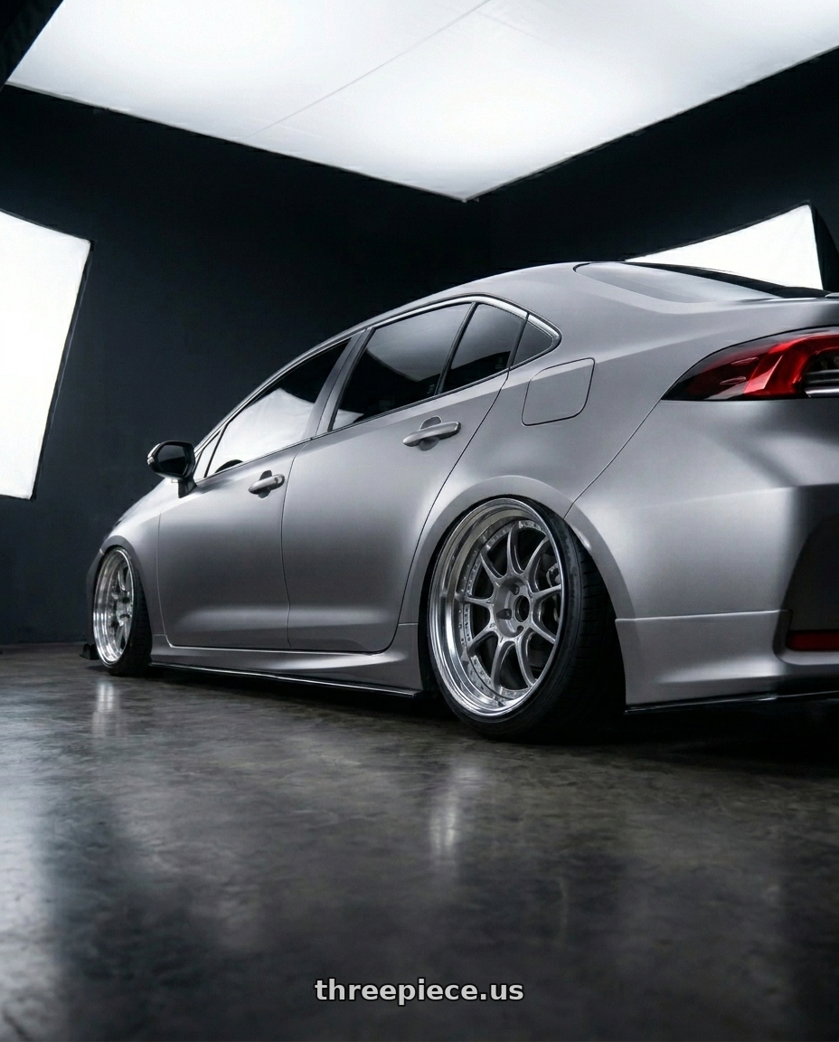 2022 Toyota altis with SSR Professor SP5 5X100 18X9.5+0 HP Disk High Bright Silver wheels rear three quarter view extreme stretch tires