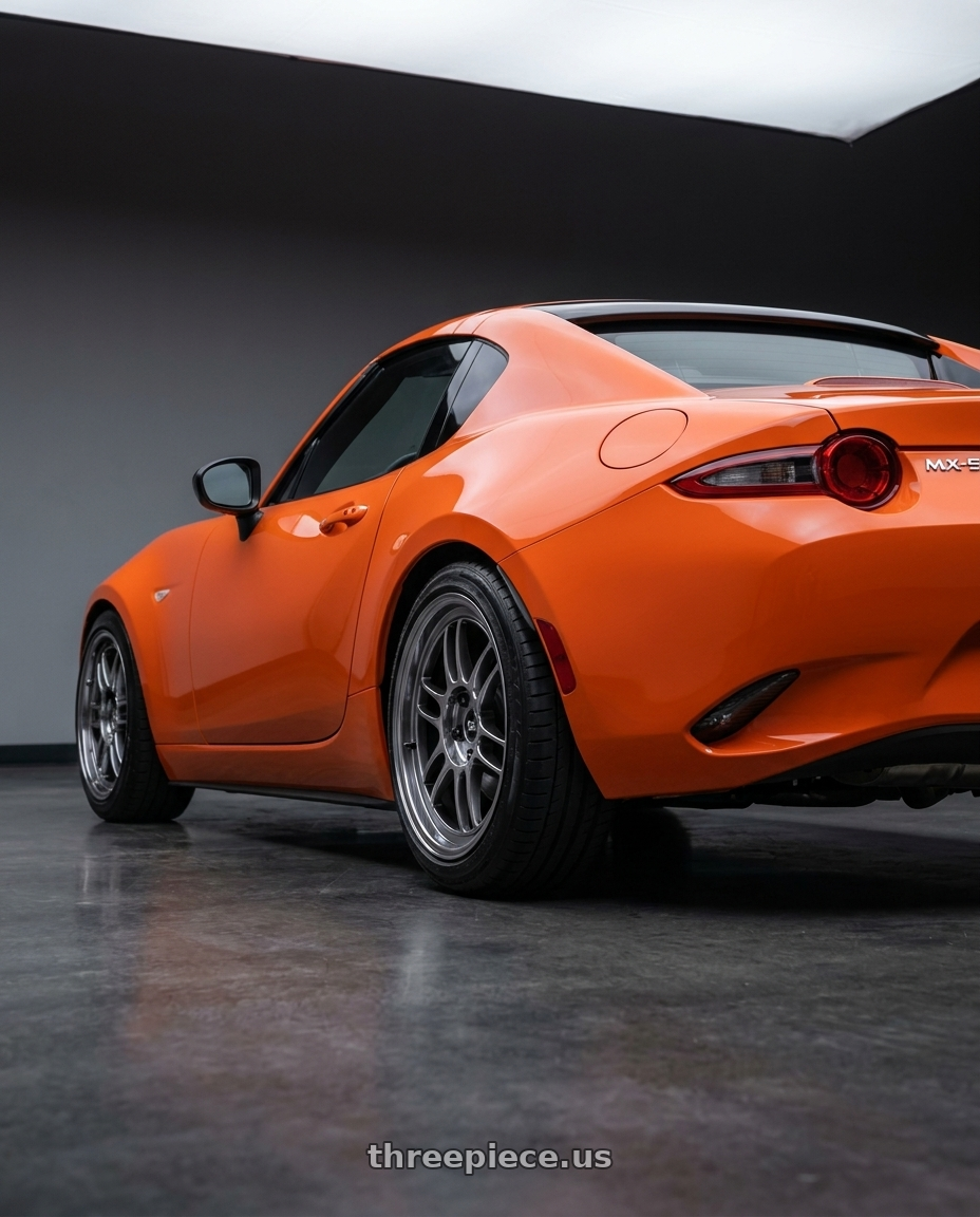 2019 mazda mx5 rf 30th anniversary with Enkei RPF1 5x100 17x9+35 SBC wheels rear three quarter view slight stretch tires
