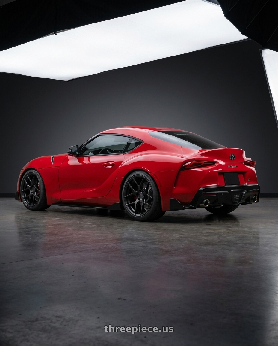 2023 Toyota GR Supra with Aodhan AFF2 5x112 19x8.5+35 Matte Black wheels rear three quarter view square tires