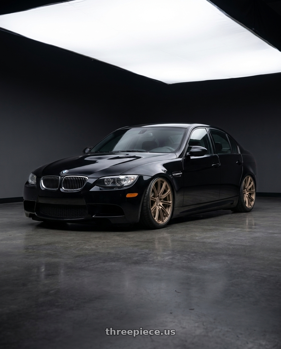2010 BMW M3 with Aodhan AFF7 5x120 18x9.5+35 Matte Bronze wheels front three quarter view stanced stance