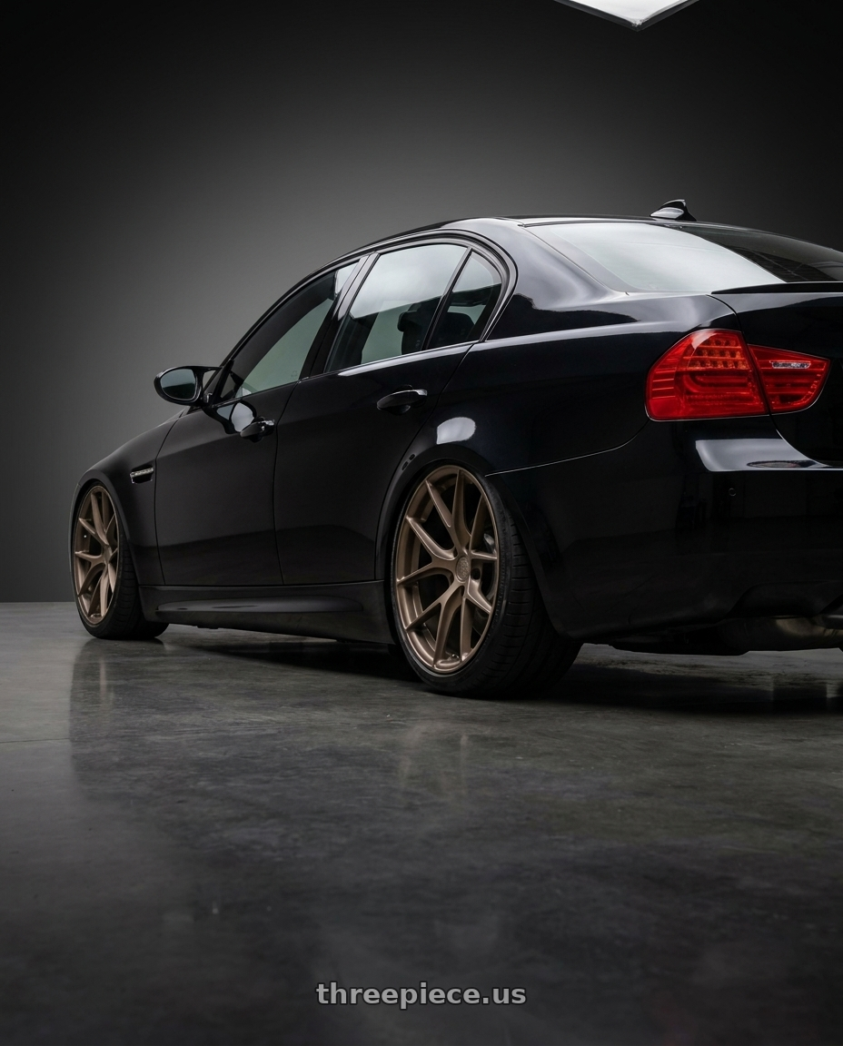 2010 BMW M3 with Aodhan AFF7 5x120 18x9.5+35 Matte Bronze wheels rear three quarter view slight stretch tires