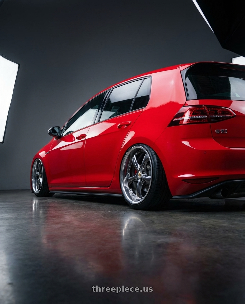 2014 Volkswagen GTI Mk7, Tornado Red with Work Wheels VS-KF 5X114.3 19x8.5+40 Brilliant Silver Black O Disk FULL REVERSE wheels rear three quarter view extreme stretch tires