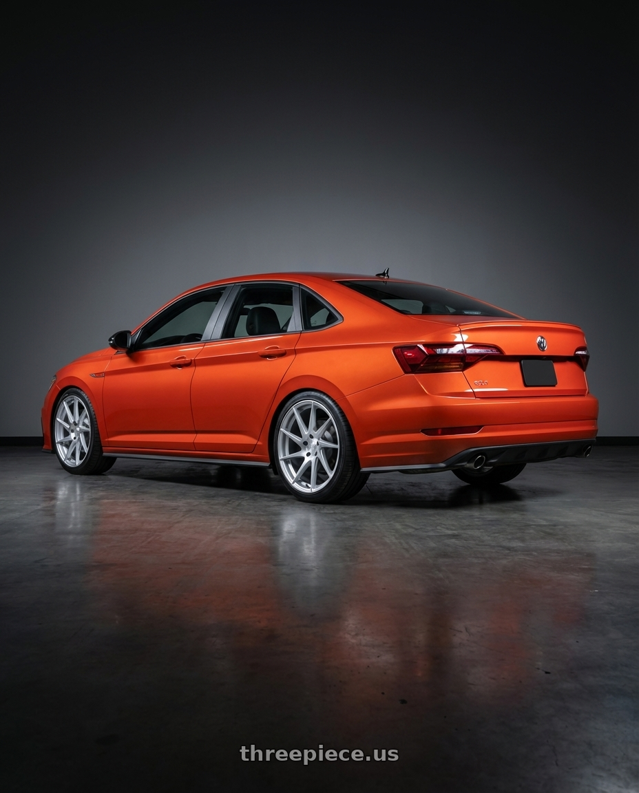 2023 Volkswagen Jetta GLI MK7 with Aodhan AH09 5x112 18x8.5 +35 Gloss Silver Machined Face wheels rear three quarter view square tires