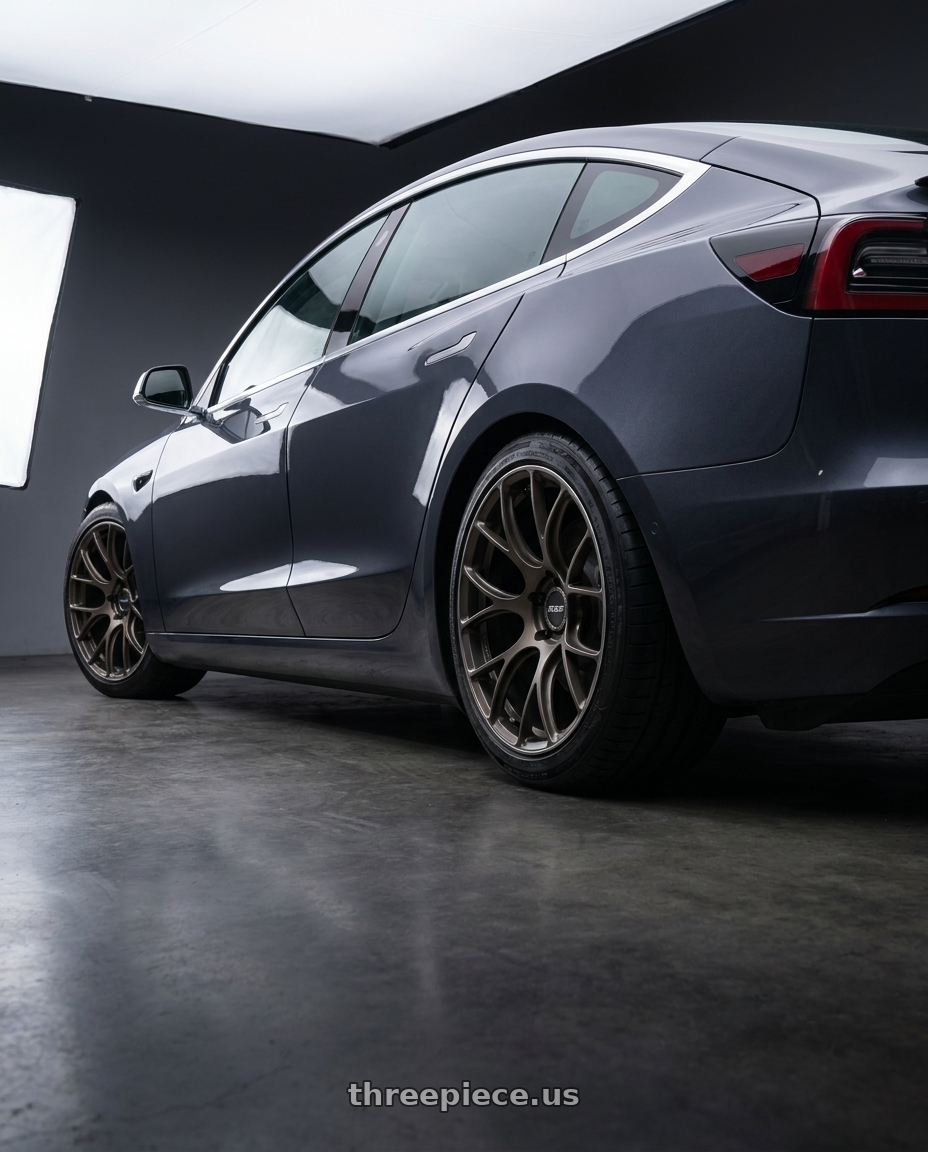 2019 tesla model 3 with Volk Racing G16 5x112 19x9.0+30 wheels rear three quarter view square tires