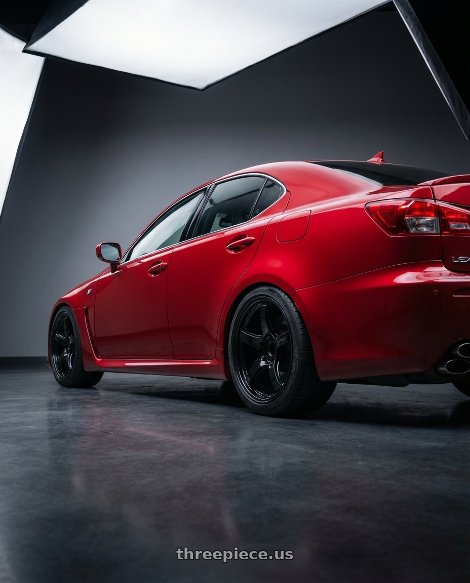 2012 Lexus IS-F with Gram Lights 57CR 5x114.3 19x10.5+35 Glossy Black wheels rear three quarter view square tires