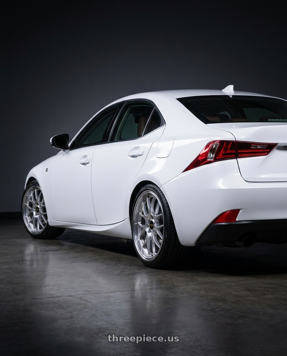 2015 lexus is200t white with BBS RS-GT 5x130 18x8.0+50 Diamond Silver wheels rear three quarter view slight stretch tires