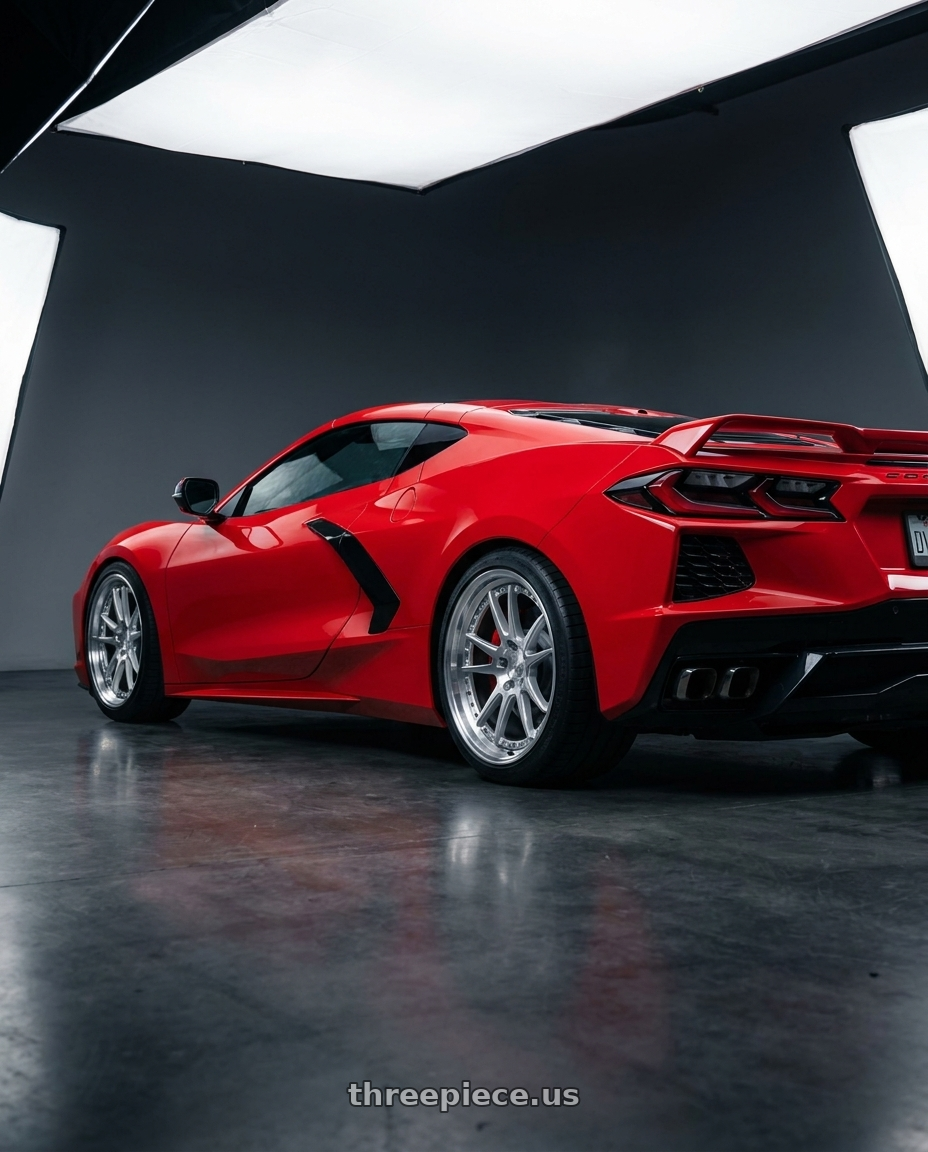 2022 chevrolet corvette with Aodhan DS08 5x120 19x9.5+35 Silver w/Machined Face wheels rear three quarter view square tires
