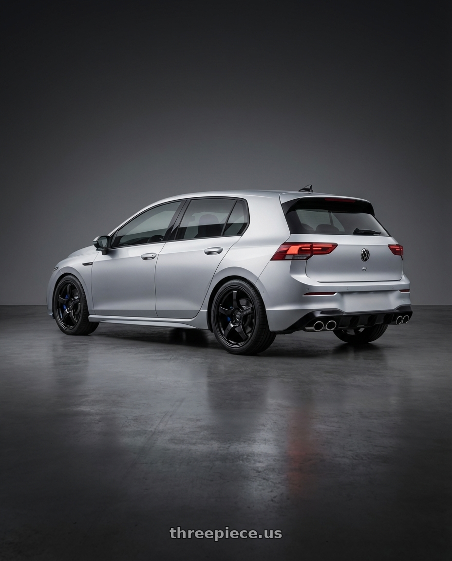 2024 Volkswagen Golf R MK8 with Gram Lights 57CR 5x112 19x10.5+35 Glossy Black wheels rear three quarter view square tires