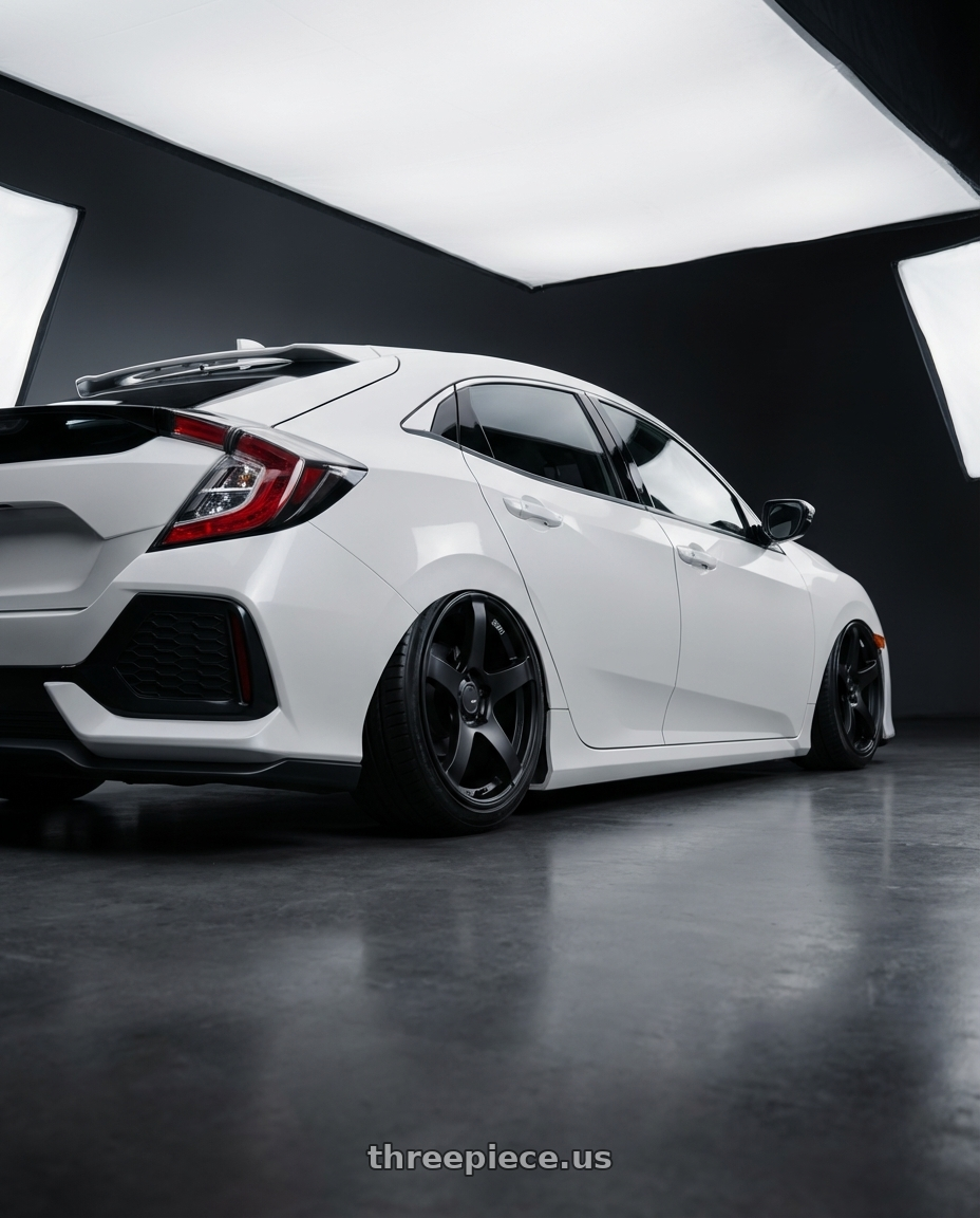 2019 Honda Civic with Ssr Gtv01 5x114.3 19x8.5+38  FLAT BLACK wheels rear three quarter view slight stretch tires