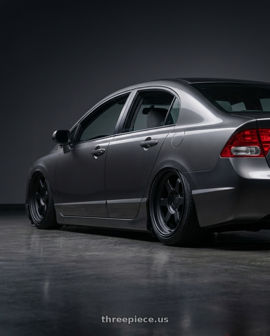 2007 Honda civic with 9six9 SIX-1 Deep 4x100 15X8 +20 Matte Black wheels rear three quarter view slight stretch tires