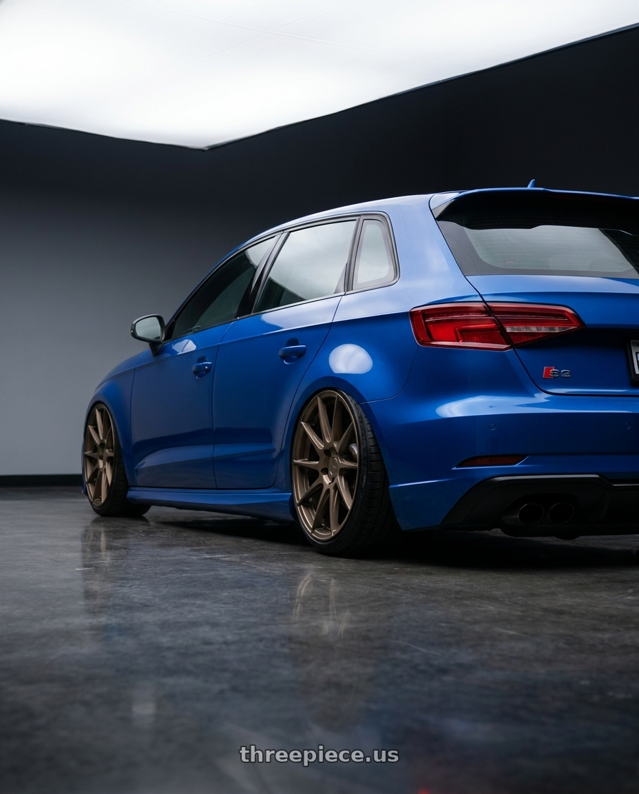 2019 Audi S3 8V with Aodhan AH09 5x112 18x8.5 +35 Matte Bronze wheels rear three quarter view slight stretch tires