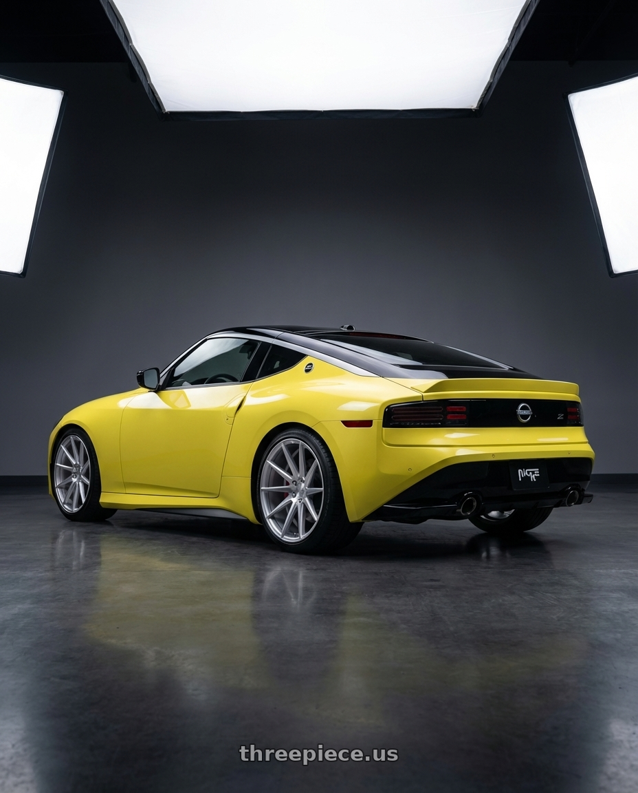 2024 Nissan Z with Niche 1PC M112 SURGE 5X114.3 19X8.5 +35 GLOSS SILVER MACHINED wheels rear three quarter view square tires