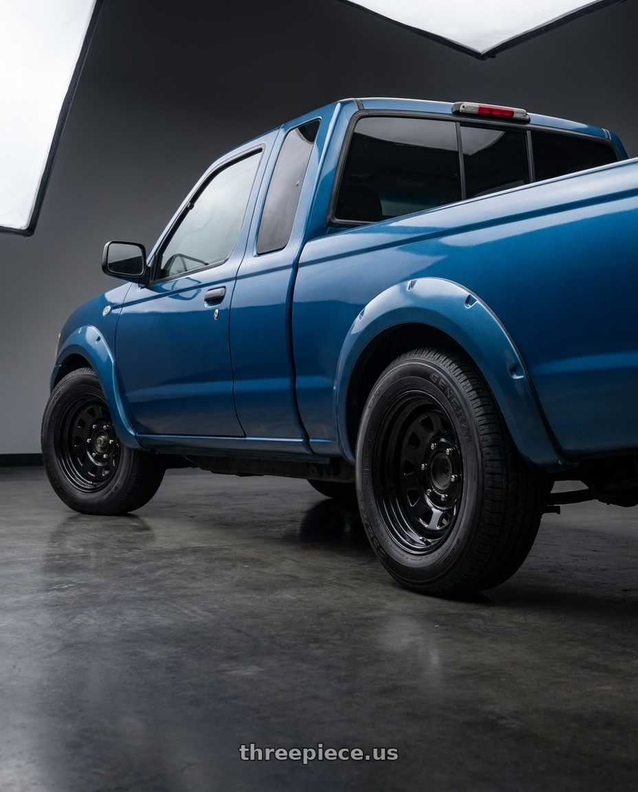 2002 Nissan Frontier with Vision HD 84H 6x139.7 15x7-6 Gloss Black wheels rear three quarter view square tires