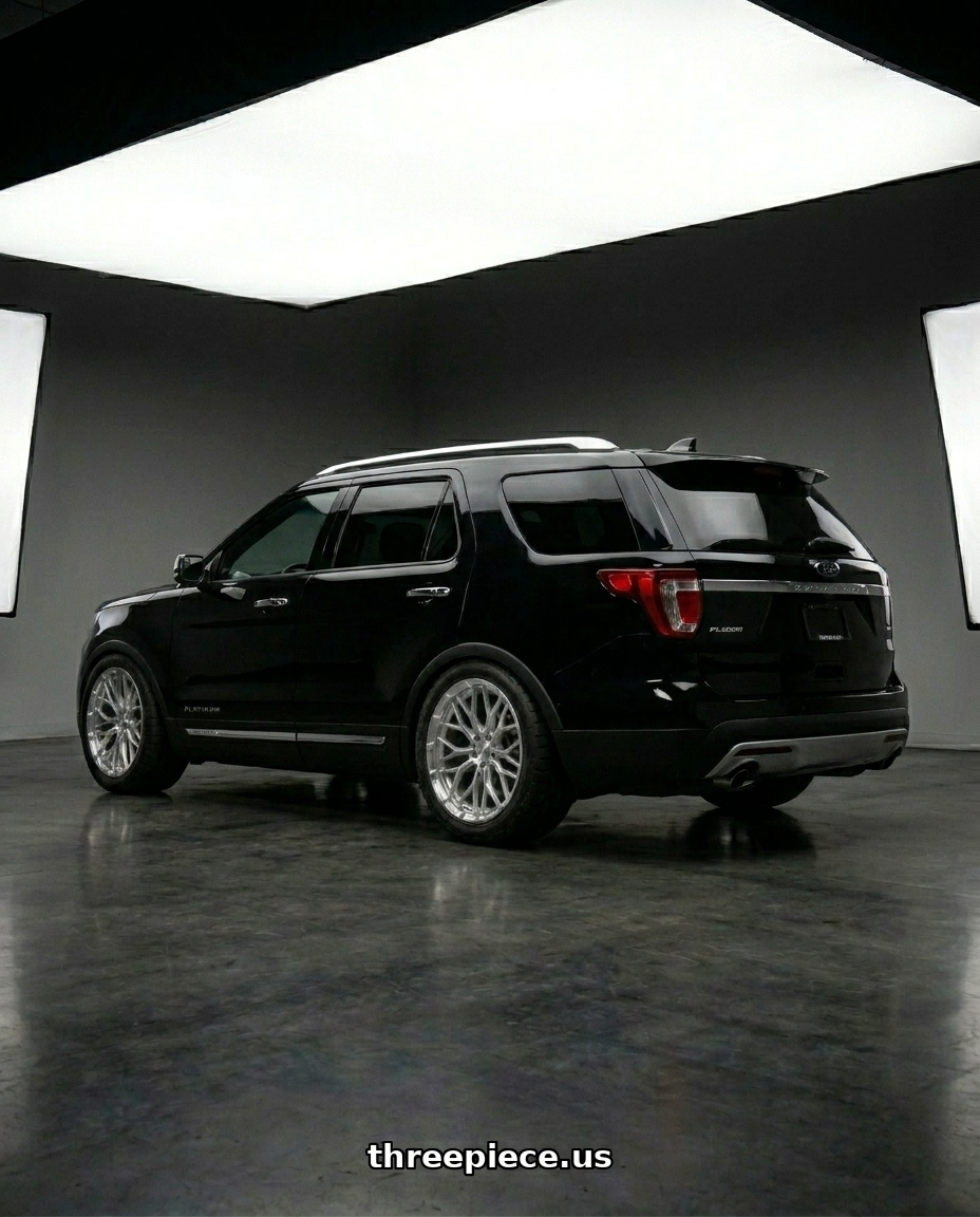 2019 ford explorer platinum  with DOLCE PERFORMANCE MAGARI 5x114.3 22x9 +38 Gloss Silver wheels rear three quarter view meaty tires