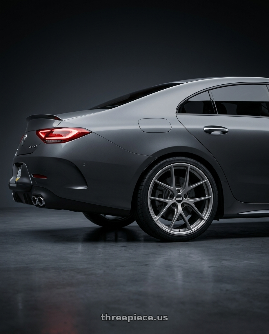 2020 Mercedes CLS53 AMG DESIGNO GRAPHITE GREY with BBS CI-R 5x112 19x8.5 +32 Platinum Silver Polished Rim Protector wheels rear three quarter view square tires