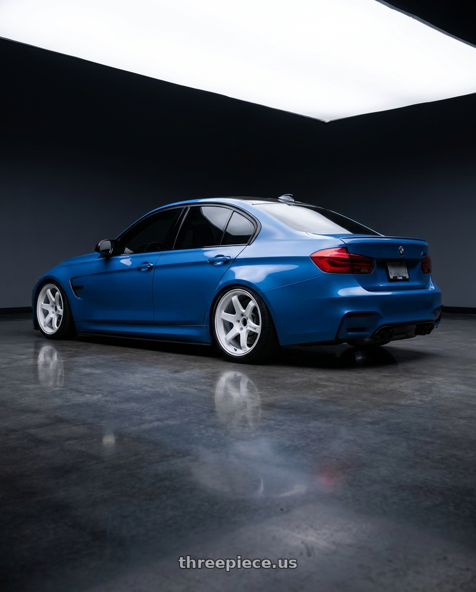 2018 BMW M3 Comp Avus with Volk Racing TE37 ULTRA M-SPEC 5x120 19x9.5+23 Dash White wheels rear three quarter view square tires