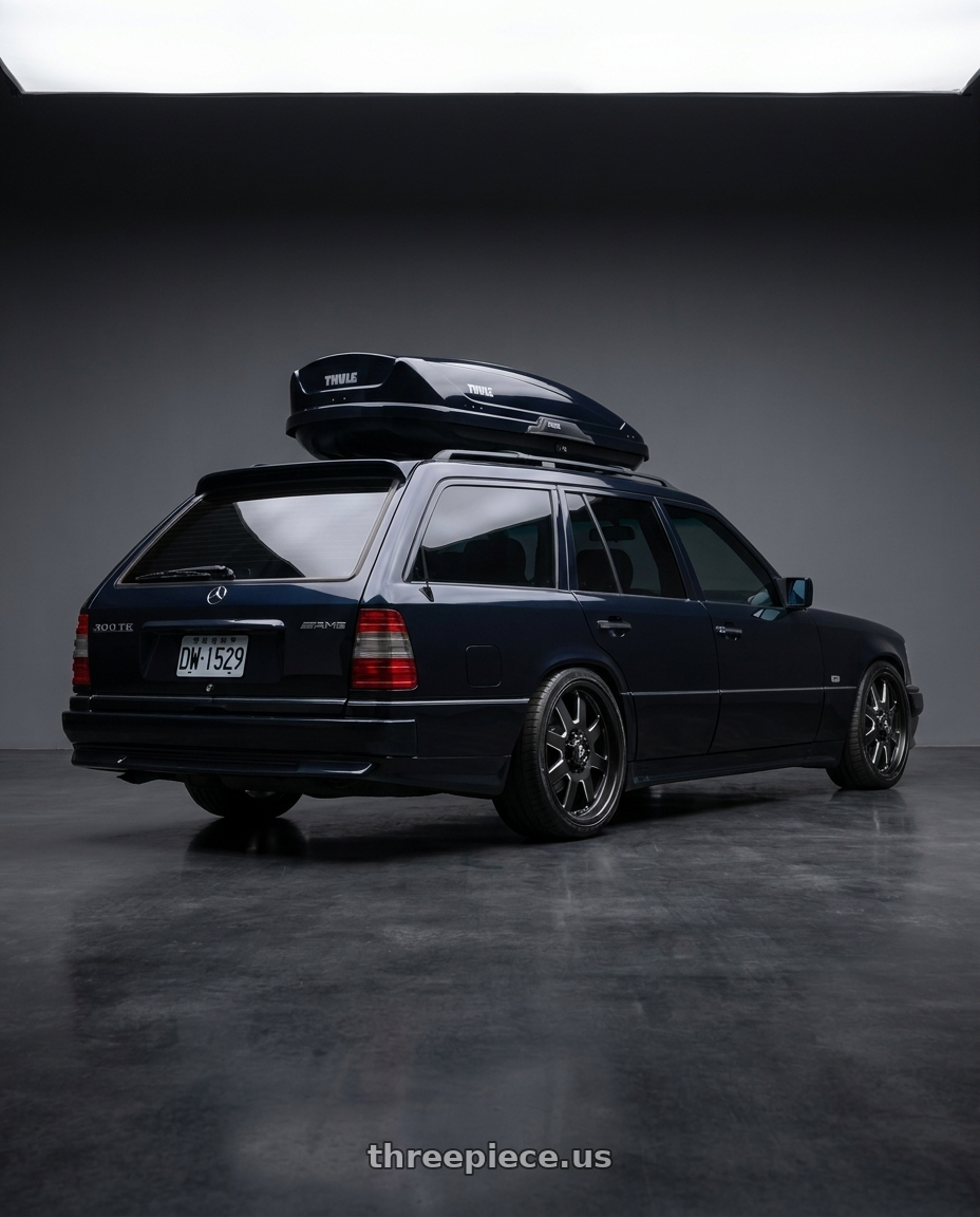 1995 mercedes 300TE midnight blue with Fuel Mono DE09 FF09D 10X225 20X8.25 +105 MATTE BLACK MILLED wheels rear three quarter view slight stretch tires