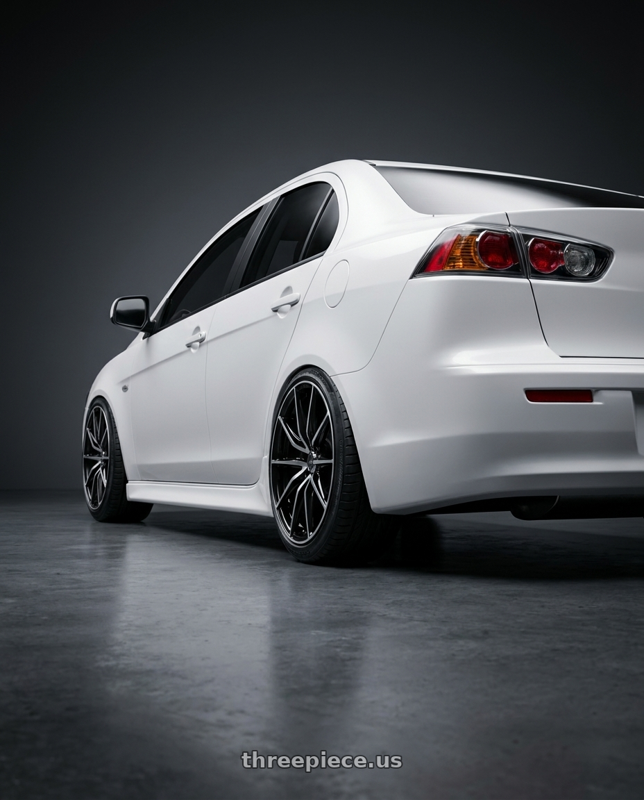 2012 mitsubishi fortis with Enkei DRACO 5x100 17x7.5+45 Black Machined wheels rear three quarter view extreme stretch tires