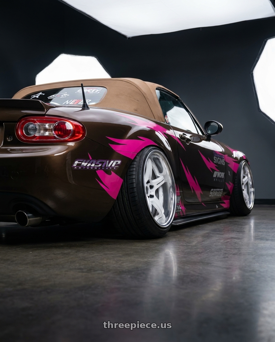 2012 Mazda miata with Work T5R 2P 5x100 18x10.0 +0 WHITE wheels rear three quarter view extreme stretch tires