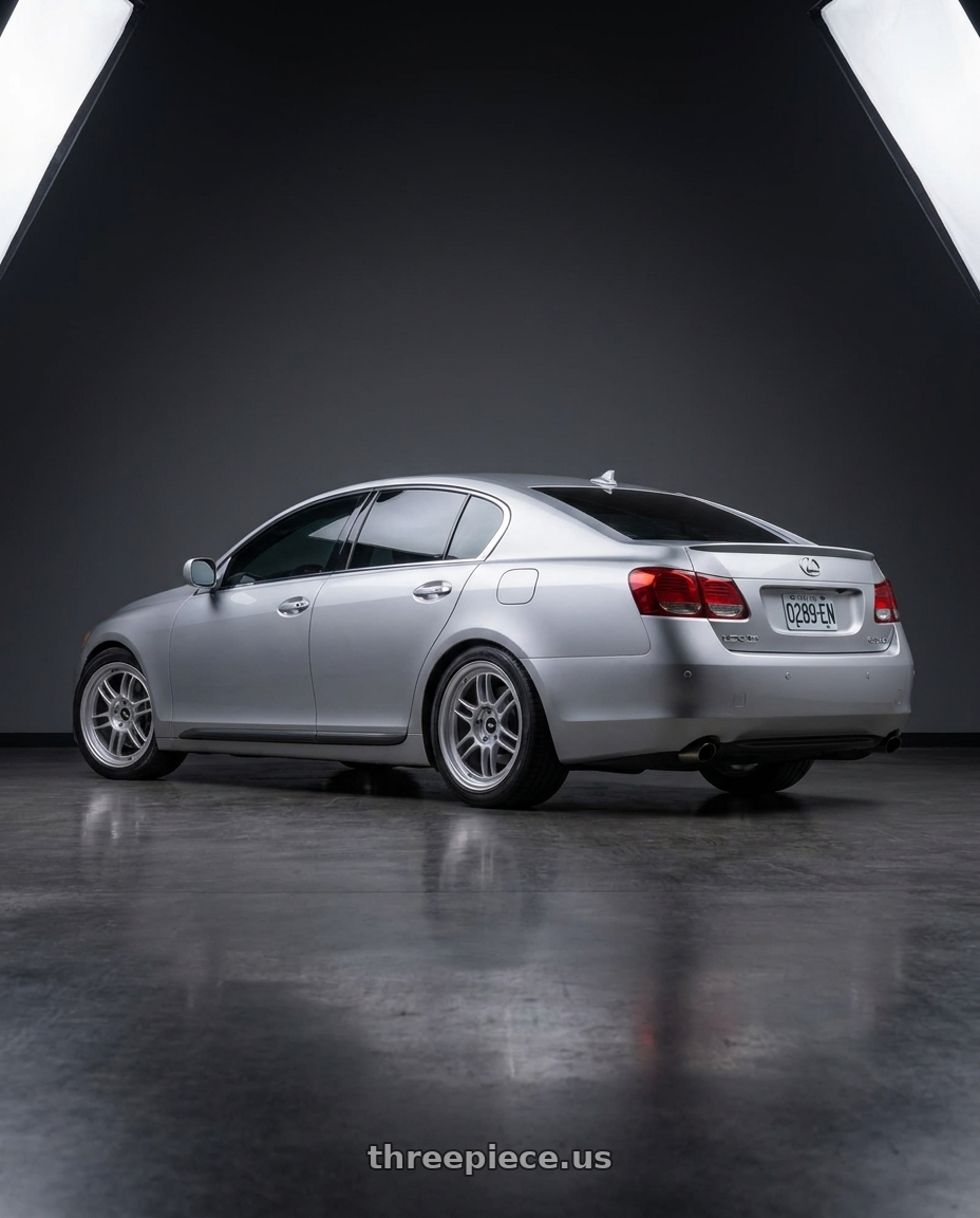 2006 Lexus gs300 with Enkei RPF1 5x120 18x8.5+40 Silver wheels rear three quarter view square tires