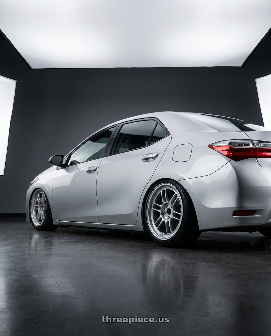 2019 Corolla altis with Enkei RPF1 5x100 18x8+45 Silver wheels rear three quarter view slight stretch tires