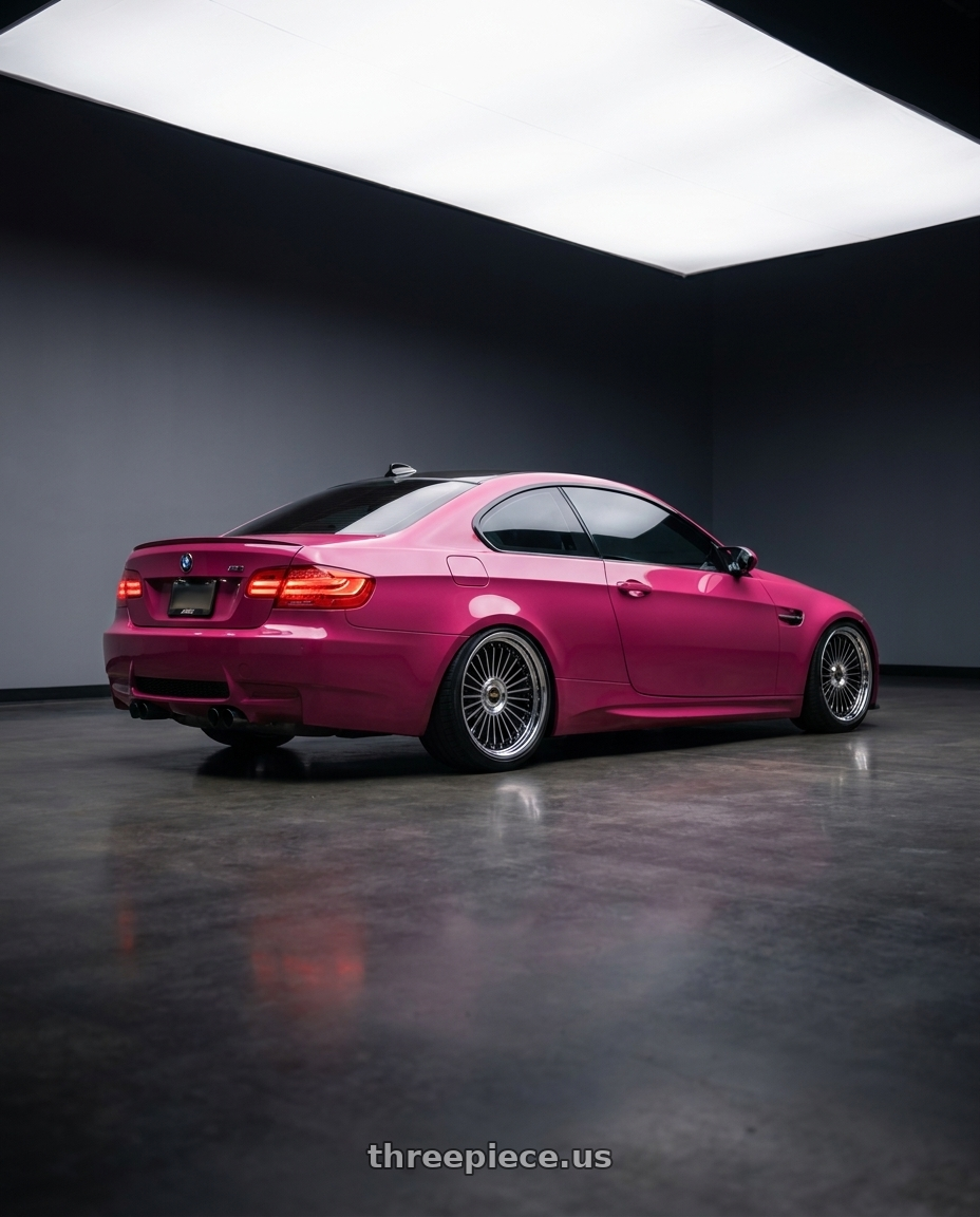 2011 bmw m3 with Work Emitz Black Polish 5x120 19x9.5 +22 wheels rear three quarter view square tires