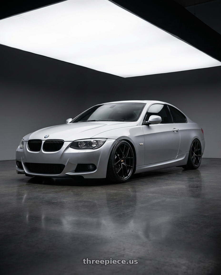 2012 BMW 3 Series E92 with BBS FI-R 5x120 19x10.5+35 Satin Black wheels front three quarter view stanced stance