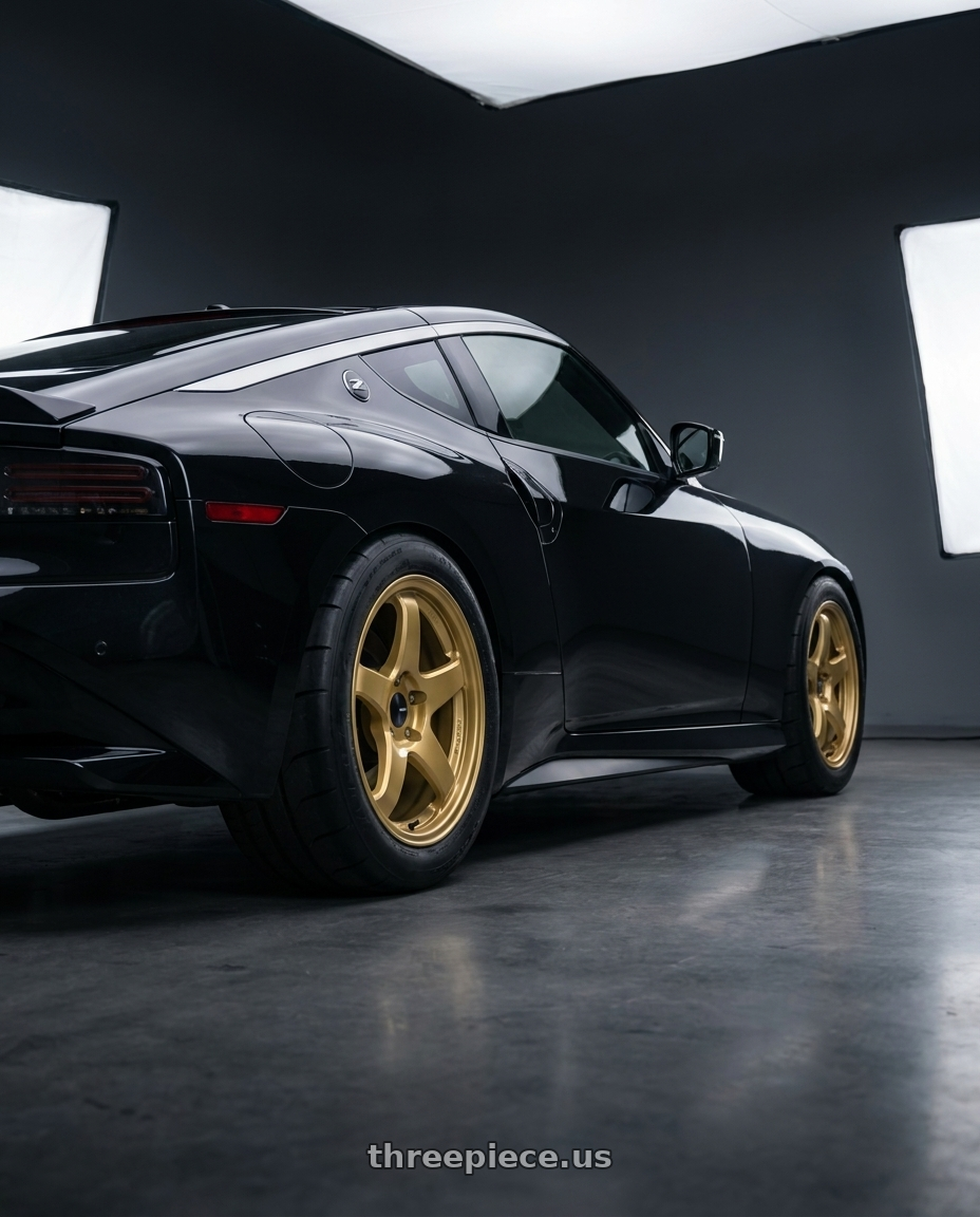 2024 Nissan Z Sport  with Enkei PF05 4x100 15x8+25 Gold wheels rear three quarter view meaty tires