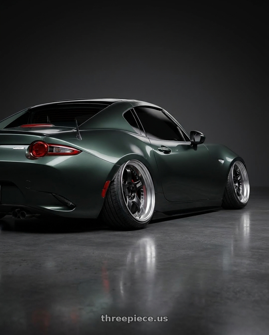 2020 Mazda Mx5 with SSR Professor SP1 4X100 18X8+31 HP Disk Black wheels rear three quarter view extreme stretch tires