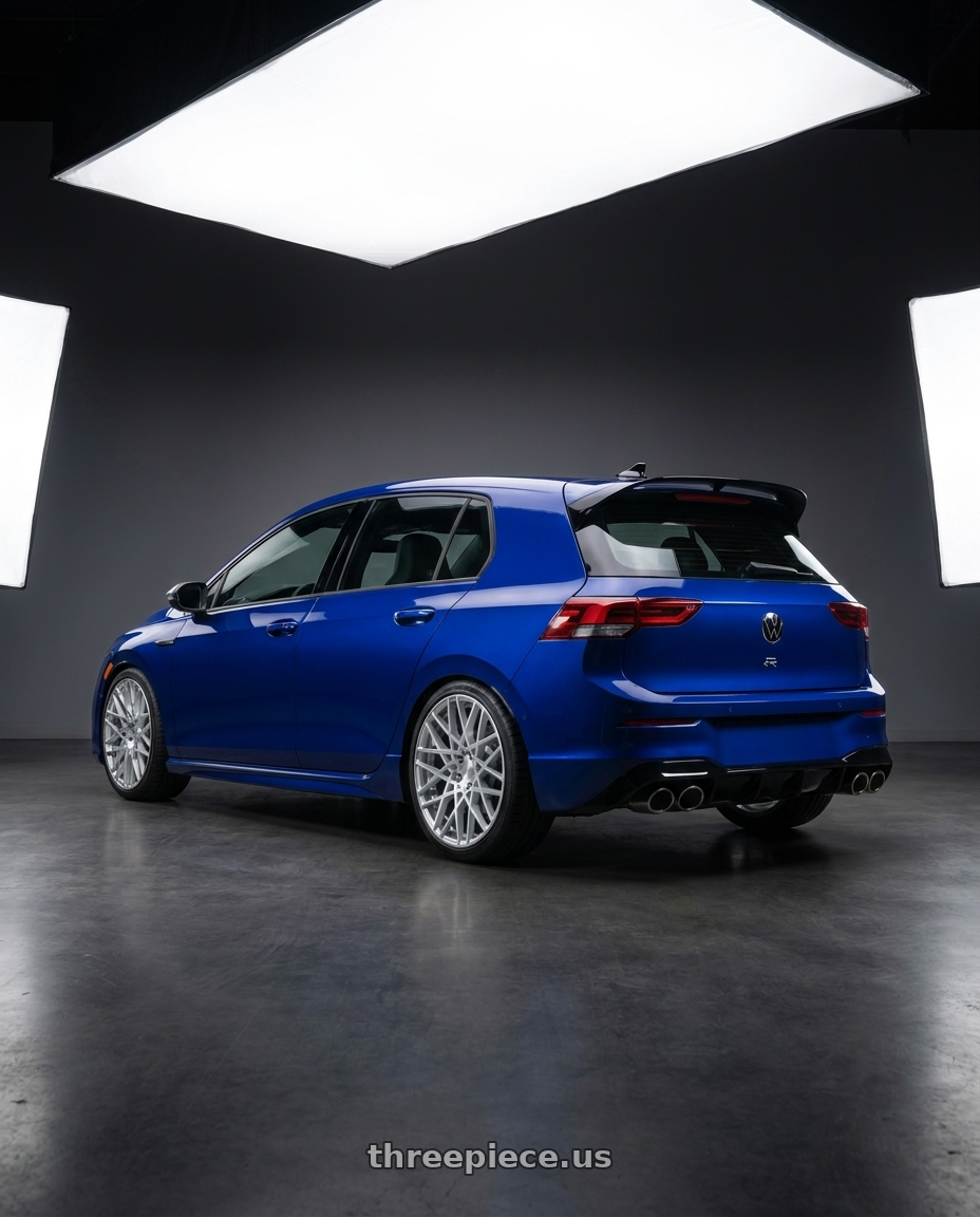 2026 Volkswagen Golf r with Rotiform 1PC R110 BLQ 5X112 18X8.5 +45 GLOSS SILVER MACHINED wheels rear three quarter view slight stretch tires