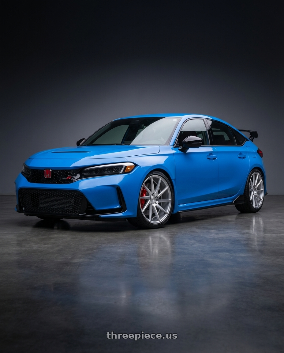 2024 Honda Civic Type R with Niche 1PC M112 SURGE 5X120 19X8.5 +35 GLOSS SILVER MACHINED wheels front three quarter view lowered stance