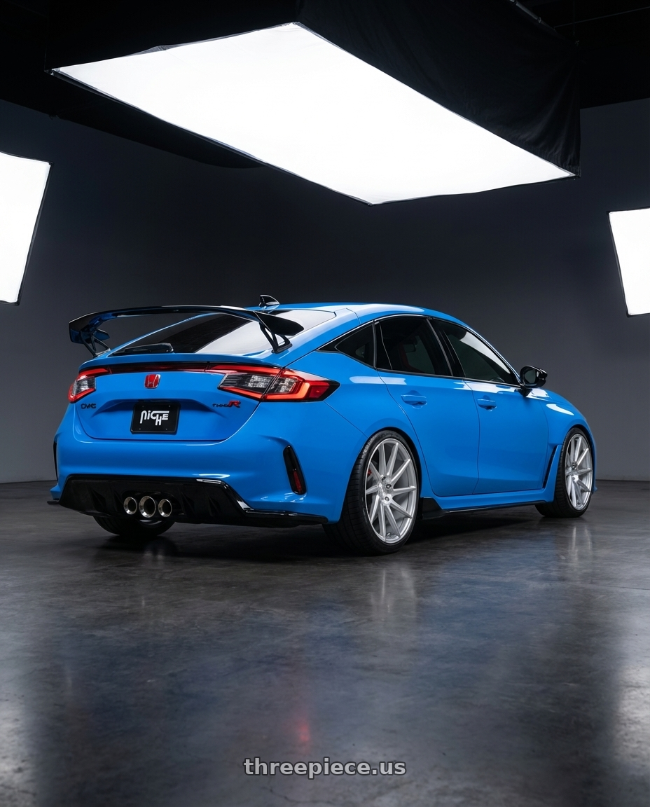 2024 Honda Civic Type R with Niche 1PC M112 SURGE 5X120 19X8.5 +35 GLOSS SILVER MACHINED wheels rear three quarter view square tires