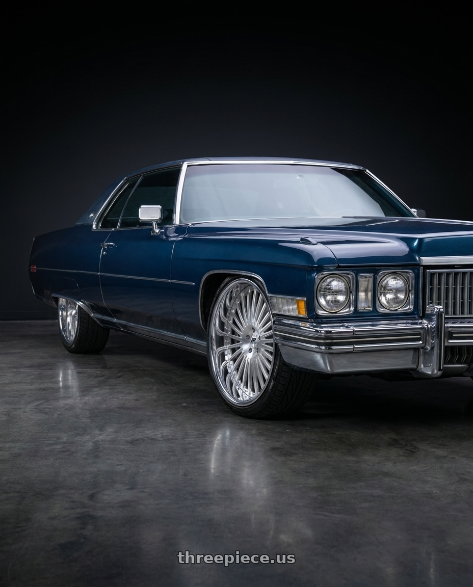 1973 Cadillac Devile with Amani R.E.A.L. 5x120/5x127 26x9 +1 Brush Center Chrome Lip wheels