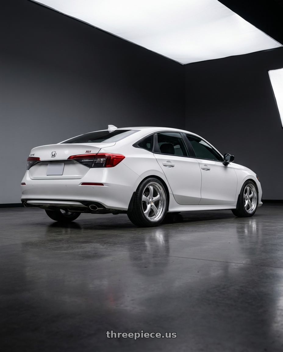 2023 Honda Civic Si Platinum with Work Wheels VS-KF 5x114.3 20x8.5+40 Light Grey Silver O Disk STEP RIM wheels rear three quarter view square tires