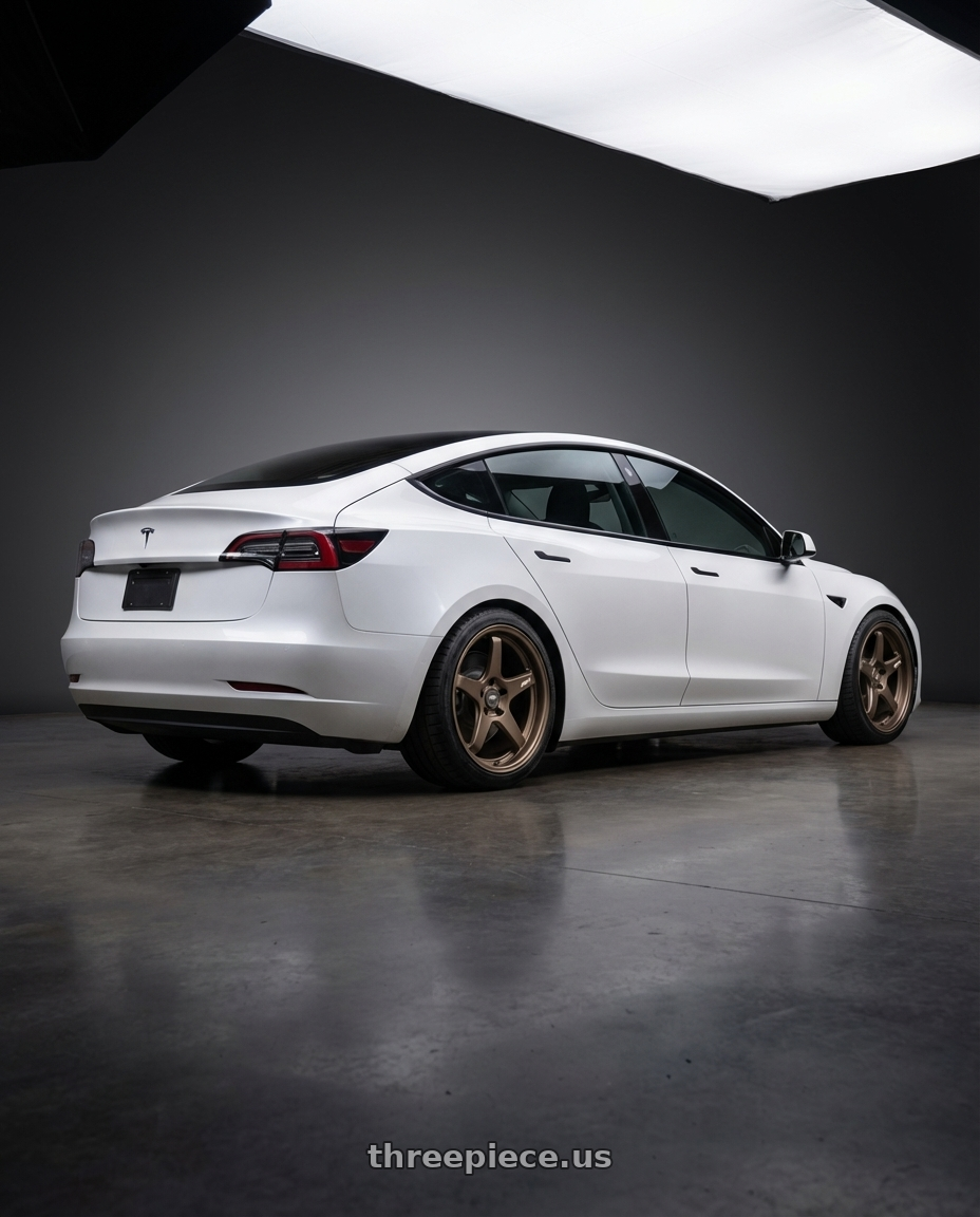 2023 Tesla Model 3 with ESR Wheels APEX SERIES AP5 5x114.3 19x8.5 +30 Matte Bronze wheels rear three quarter view square tires