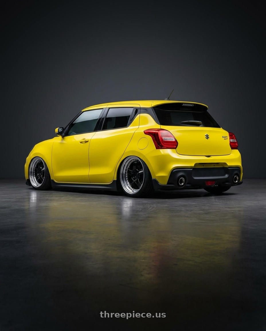 2019 Suzuki swift sport with Work Meister S1 3P 5x100 18x7+48 A Disk Black wheels rear three quarter view slight stretch tires
