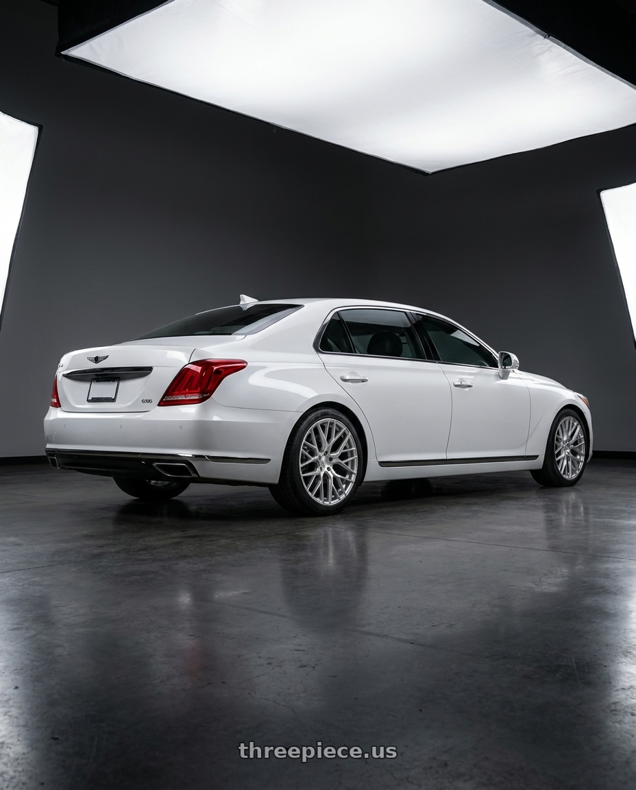 2018 genesis g90 ultimate with Aodhan AFF9 5x114.3 20x9+30 Gloss Silver Machined Face wheels rear three quarter view square tires