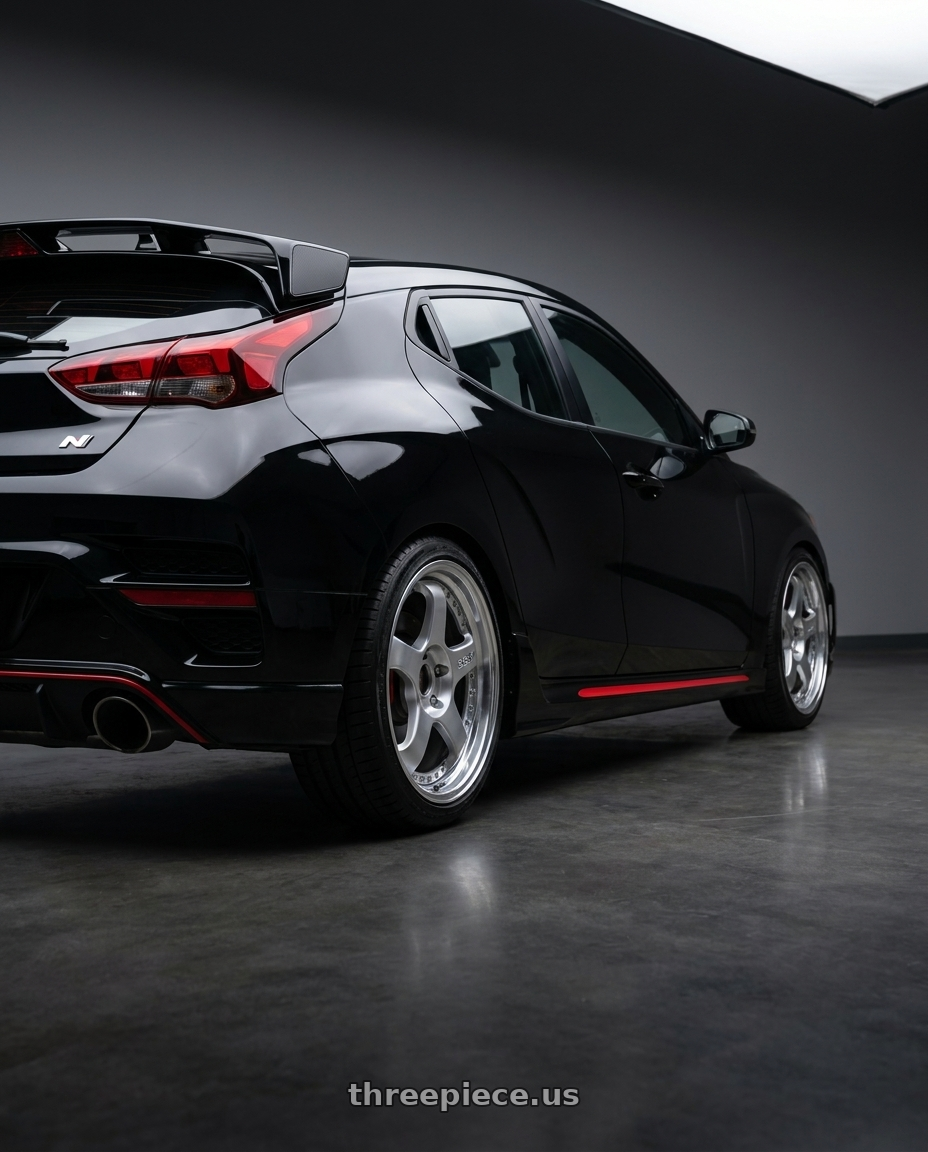 2019 Hyundai Veloster N with SSR Professor SP1 5x114.3 18X8.5+55 NR Disk Silver wheels rear three quarter view square tires
