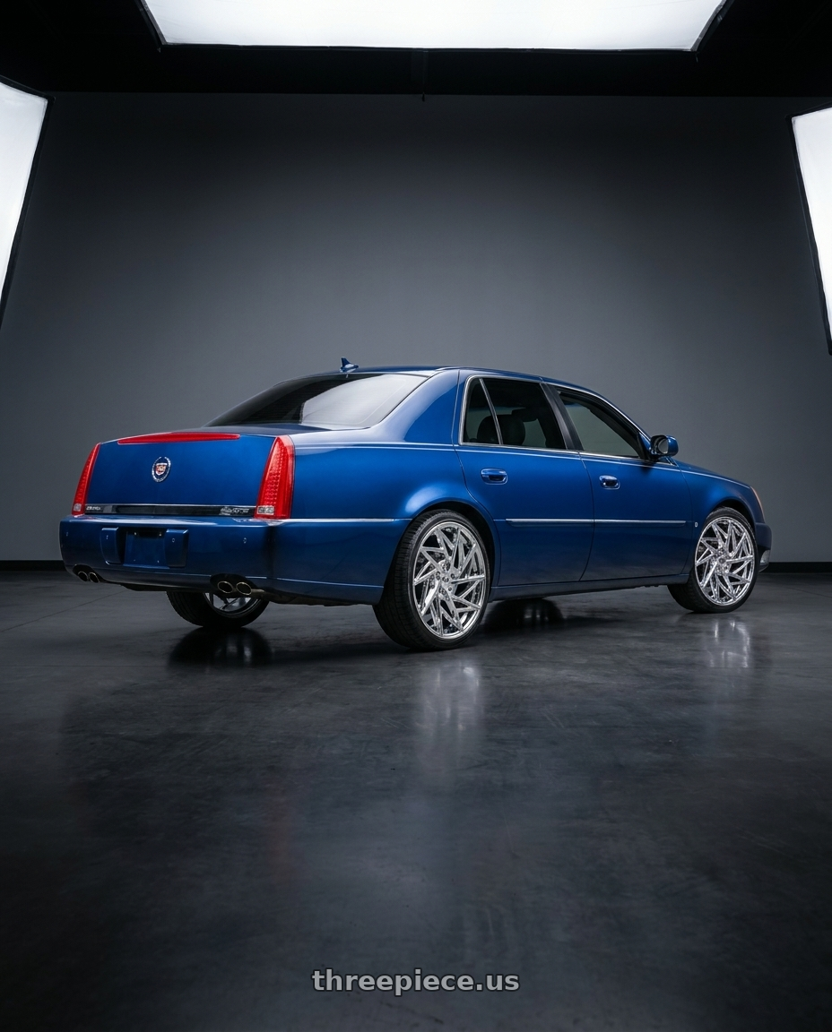 2009 Cadillac DTS with Mazzi Freestyle 377 5x108 20x8.5+35 Chrome wheels rear three quarter view square tires