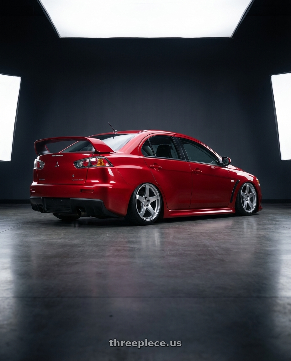 2012 Mitsubishi Lancer Evo X with Ssr Gtv01 5x114.3 18x8.5+40  GLARE SILVER wheels rear three quarter view slight stretch tires