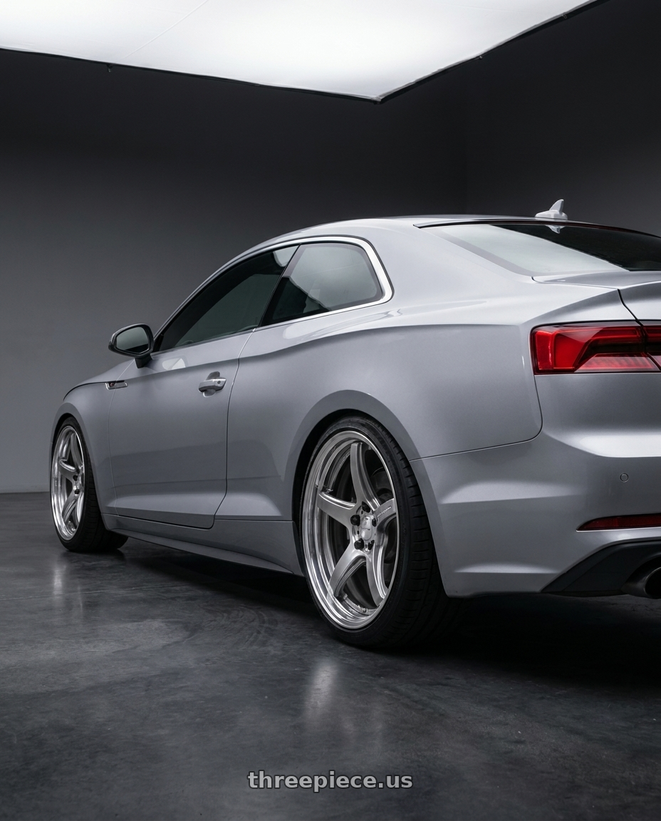 2018 Audi A5 with Work T5R 2P 5x112 19x8.5 +22 GT SILVER wheels rear three quarter view square tires