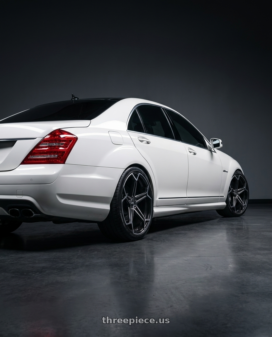 2009 Mercedes s63 with Niche 1PC N259 ARROW 5X112 20X10.5 +40 GLOSS BLACK BRUSHED wheels rear three quarter view square tires