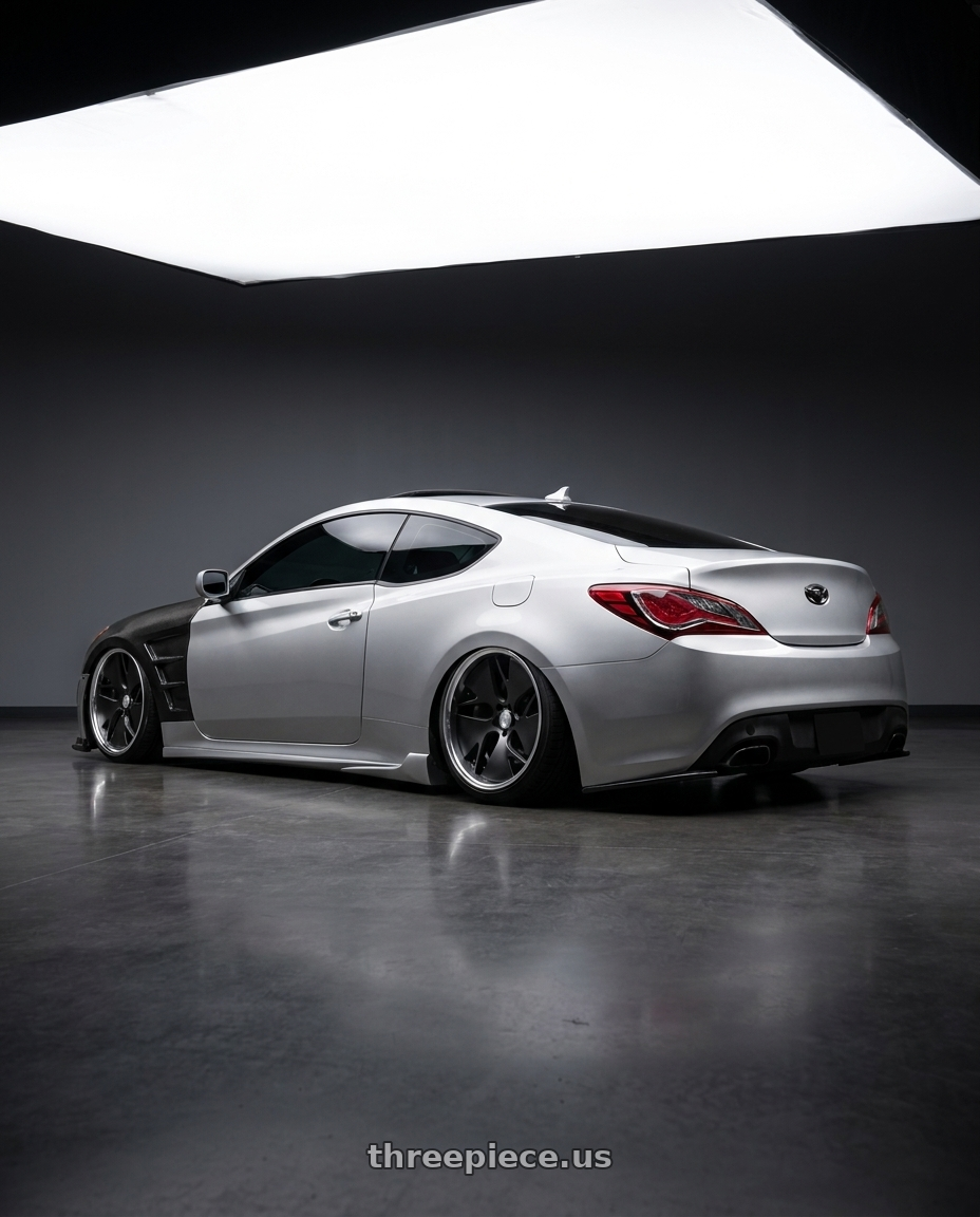 2013 hyundai genesis coupe with Work Gnosis Cvd 5x120 19x9.5+38 O Disk Matte Black wheels rear three quarter view slight stretch tires