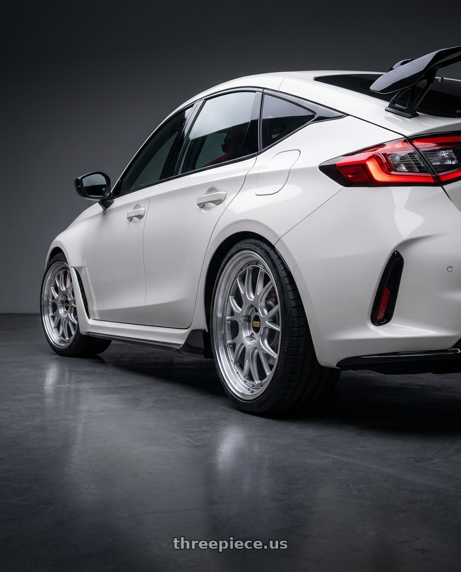 2023 Honda civic fl5 with BBS LM-R 5x114.3 19x8.5+43 Diamond Silver wheels rear three quarter view square tires