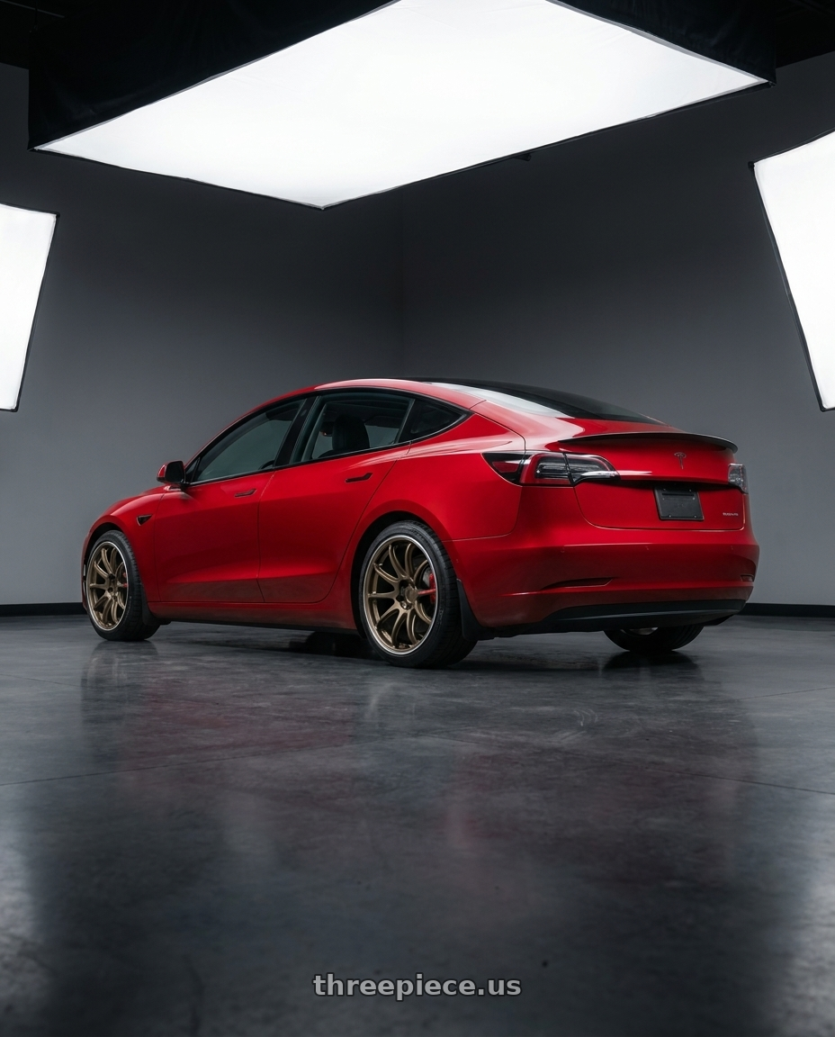 2022 Tesla model 3 performance with Work Zr10 2P 5x114.3 19x9.0 +38 Matte Bronze wheels rear three quarter view square tires