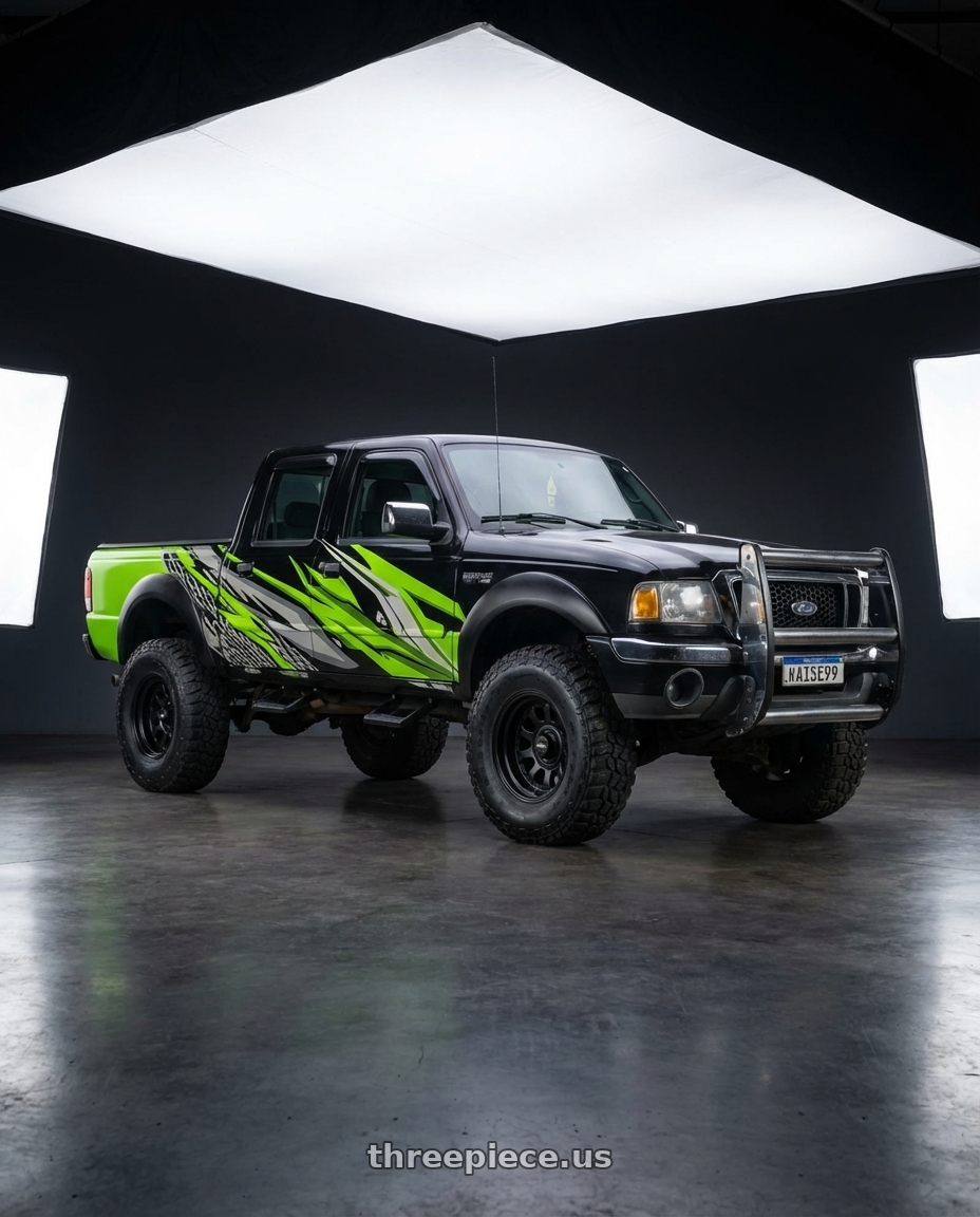 ford ranger 3.0 cabine dupla adesivada com gráfico e tampa traseira da caminhoenete é verde limão, ano 2005 with Black Rock 909B Type D Alloy 6x139.7 17x8 +0 Matte Black wheels